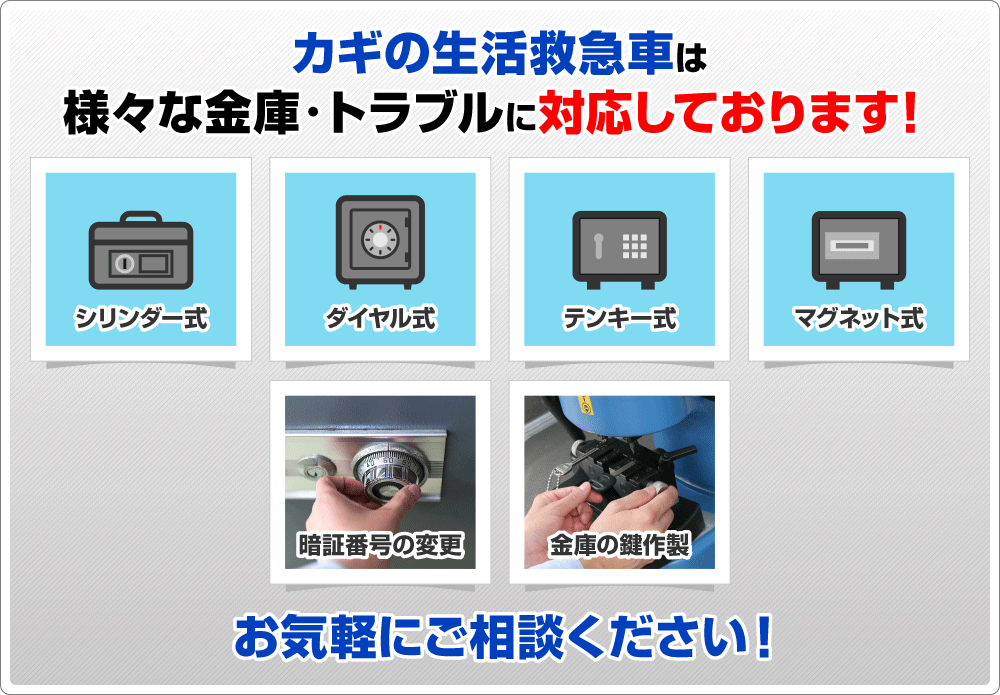 カギの生活救急車は様々な金庫・トラブルに対応しております！ シリンダー式 ダイヤル式 テンキー式 マグネット式 暗証番号の変更 金庫の鍵作製 お気軽にご相談ください！