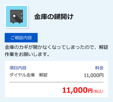 金庫の鍵開け [ご相談内容] 金庫のカギが開かなくなってしまったので、解錠作業をお願いします。 [項目内容] ダイヤル金庫 解錠 11,000円 [合計] 11,000円(税込)